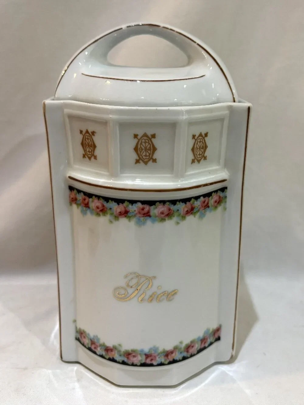 Vintage German Porcelain Rice Canister with Lid Rose Pattern